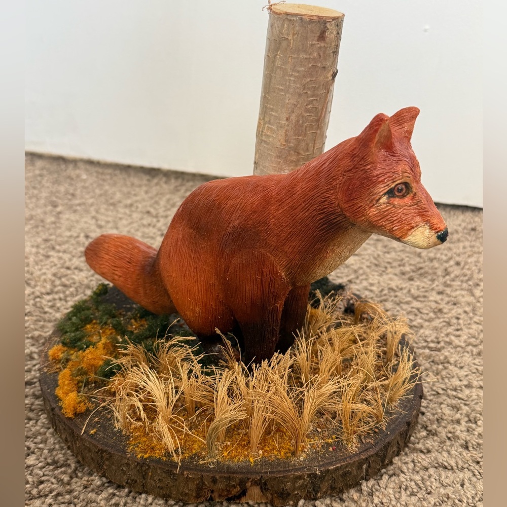 NEW. Handcrafted Fox Figurine with Natural Base.